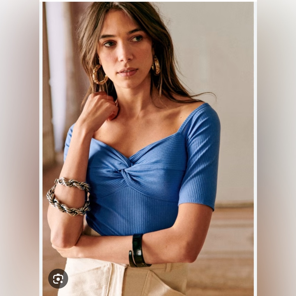 Sezane Blue Ribbed Blouse